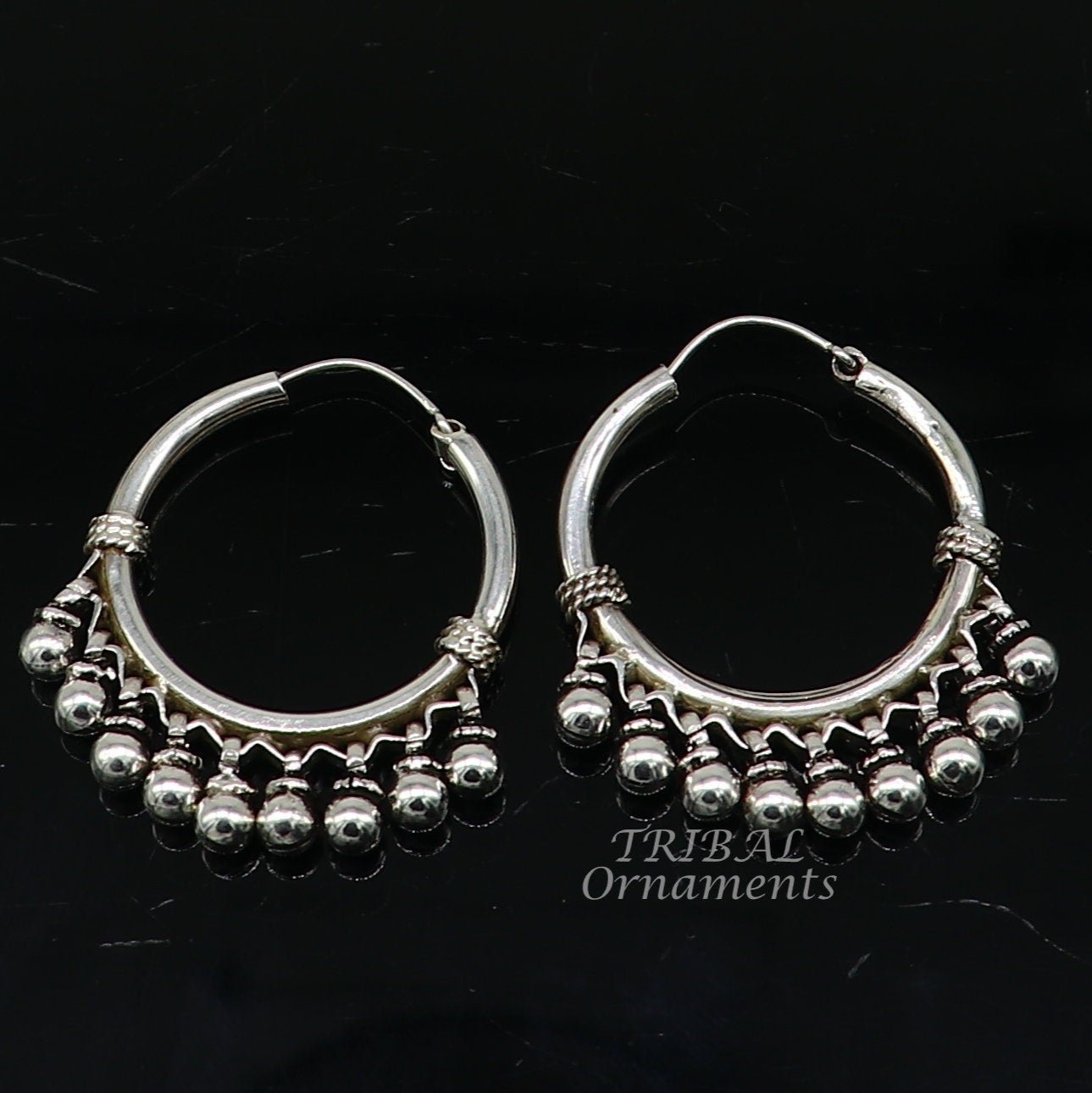 925 sterling silver handmade hoop earring elegant delegate Bali, hanging bells, hook, hoop gifting gorgeous tribal customized jewelry s1115 - TRIBAL ORNAMENTS
