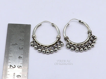 925 silver handmade hoop earring with hanging bells and hook, elegant tribal design, crafted by TRIBAL ORNAMENTS.