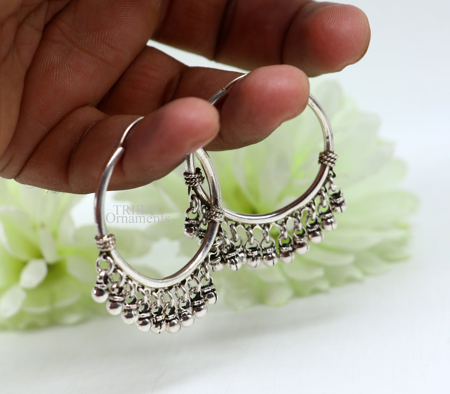 925 sterling silver handmade hoop earring,fabulous bali,hanging bells, dangling bells, hoop gifting gorgeous tribal jewelry s374 - TRIBAL ORNAMENTS