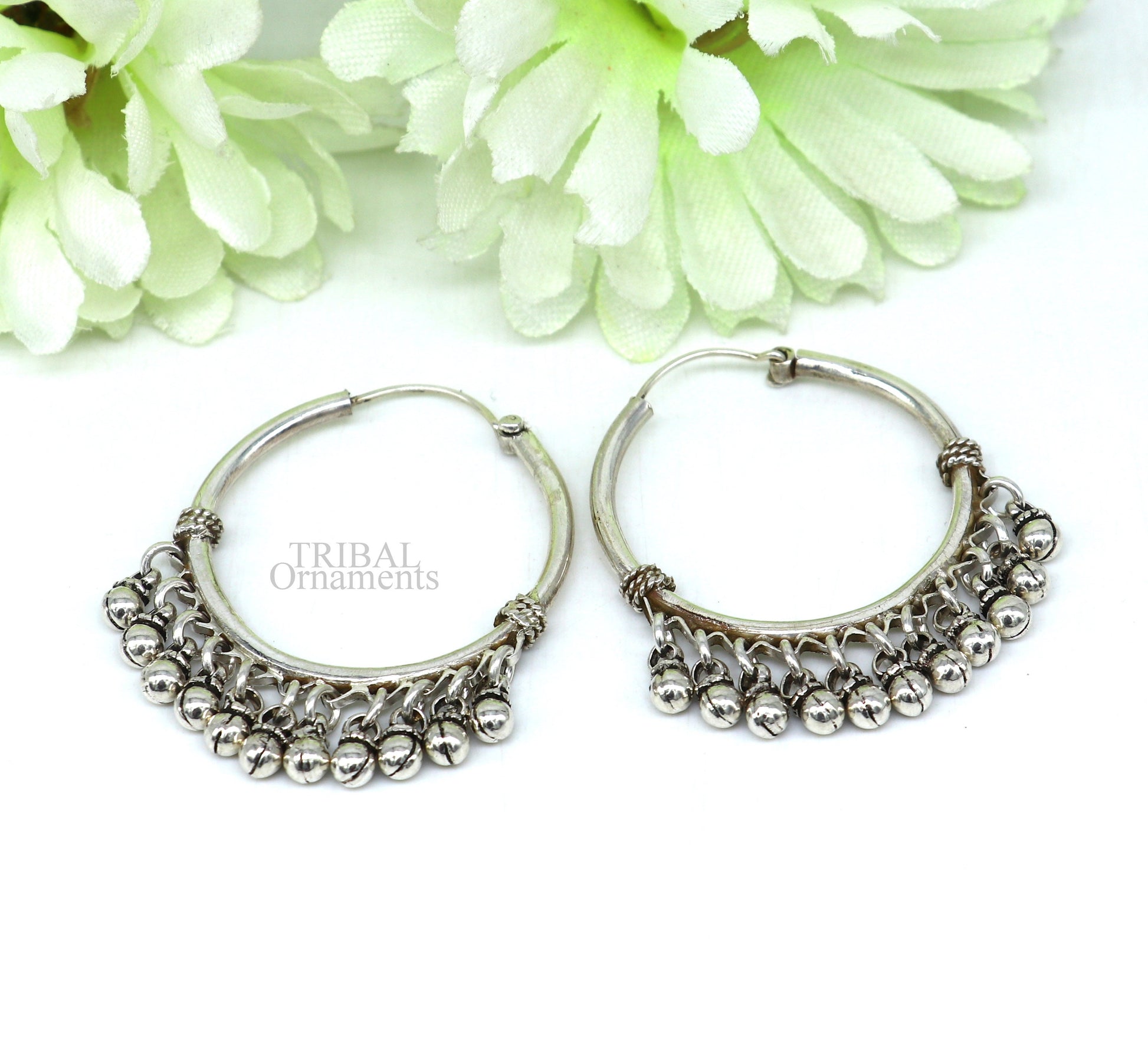 925 sterling silver handmade hoop earring,fabulous bali,hanging bells, dangling bells, hoop gifting gorgeous tribal jewelry s374 - TRIBAL ORNAMENTS