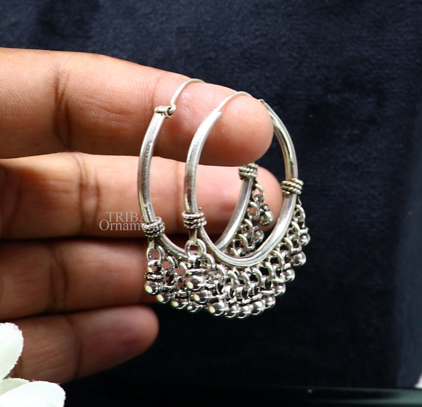 925 sterling silver handmade hoop earring,fabulous bali,hanging bells, dangling bells, hoop gifting gorgeous tribal jewelry s374 - TRIBAL ORNAMENTS