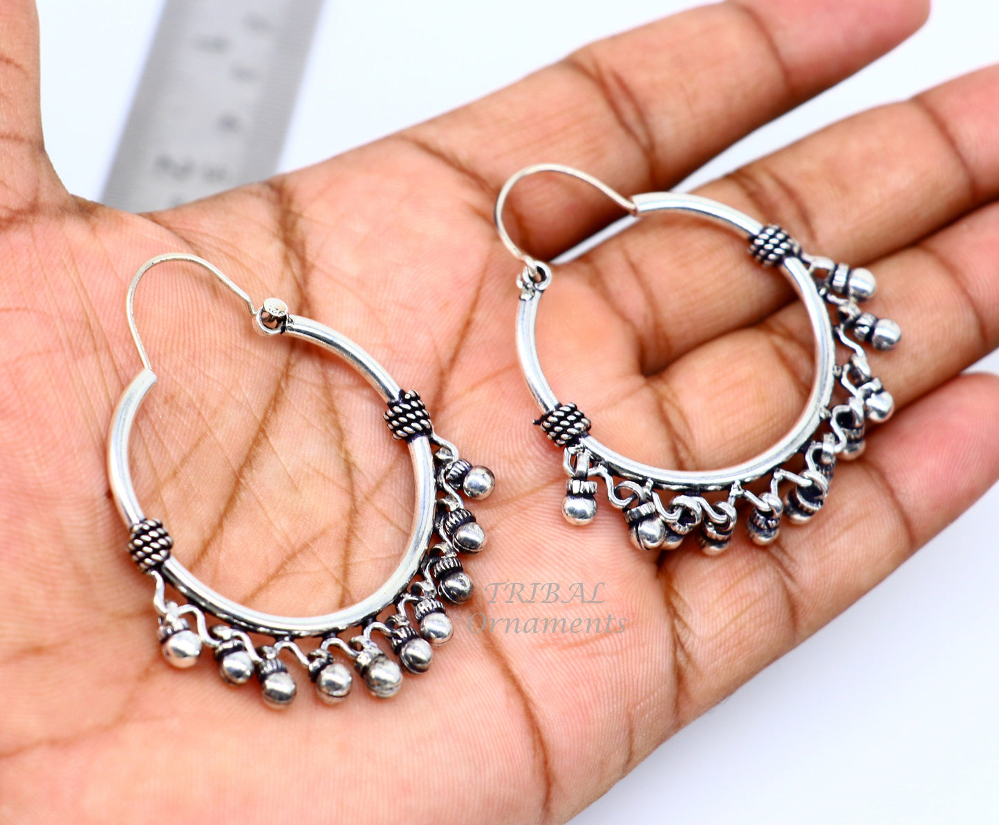 925 sterling silver handmade hoop earring, fabulous Bali, hanging bells, hook, hoop gifting gorgeous tribal customized jewelry s1037 - TRIBAL ORNAMENTS