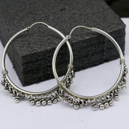 925 sterling silver handmade hoop earring, fabulous Bali, hanging bells, hook, hoop gifting gorgeous tribal customized jewelry s1201 - TRIBAL ORNAMENTS