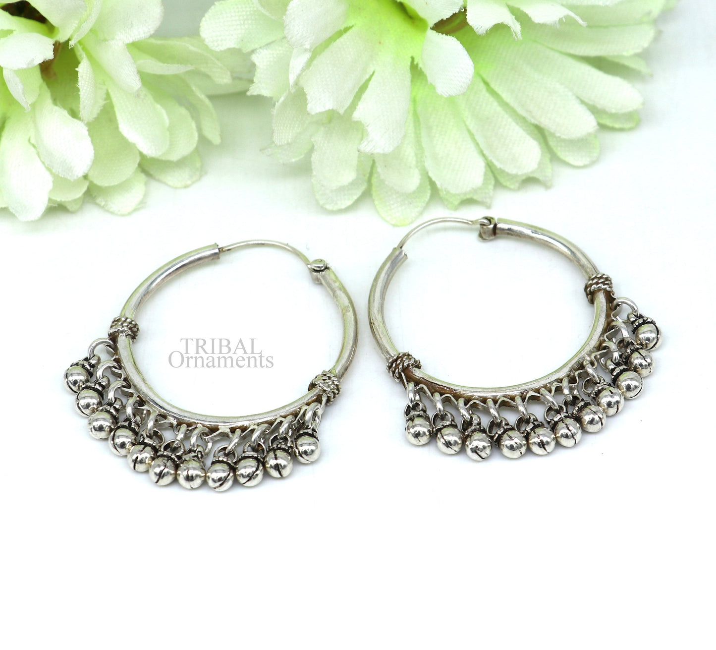 925 sterling silver handmade hoop earring with hanging bells from Bali, tribal design, hook style, crafted by TRIBAL ORNAMENTS.
