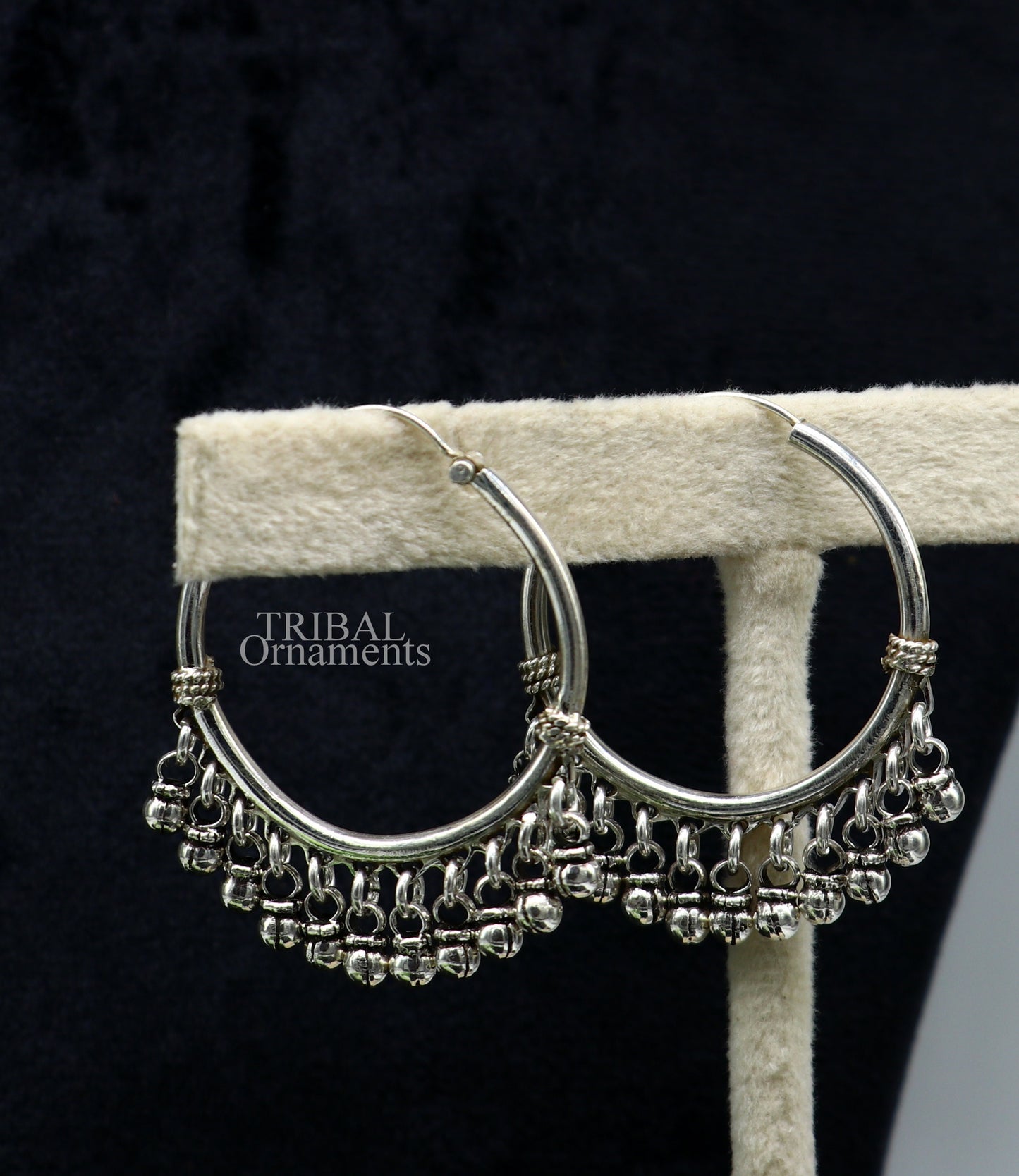 925 sterling silver handmade hoop earring with hanging bells, tribal design, hook closure, inspired by Bali, crafted by TRIBAL ORNAMENTS