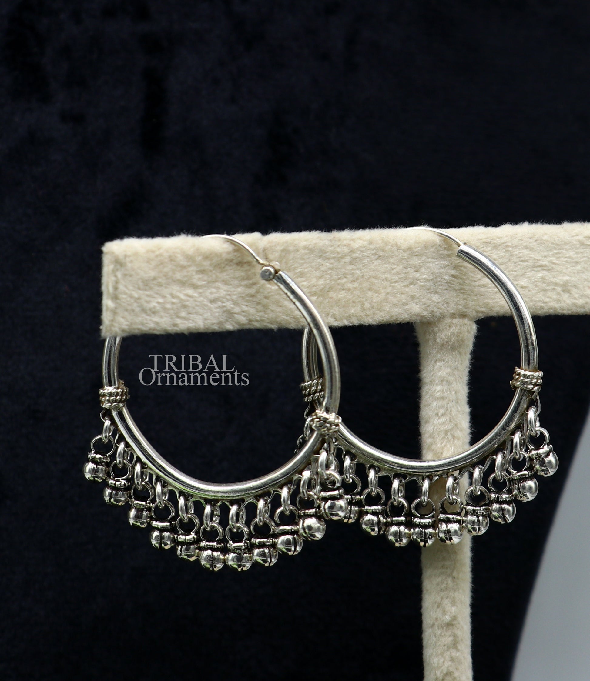 925 sterling silver handmade hoop earring with hanging bells, tribal design, hook closure, inspired by Bali, crafted by TRIBAL ORNAMENTS