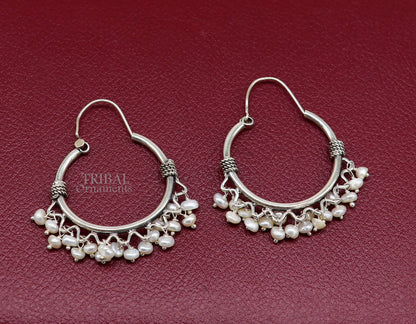 925 sterling silver handmade hoop earring, fabulous Bali, hanging pearls, hook, hoop gifting gorgeous tribal customized jewelry s1146 - TRIBAL ORNAMENTS