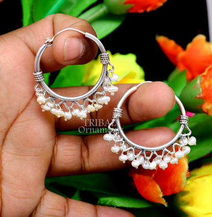 925 sterling silver handmade hoop earring with hanging pearls, tribal-inspired jewelry by TRIBAL ORNAMENTS featuring Bali design