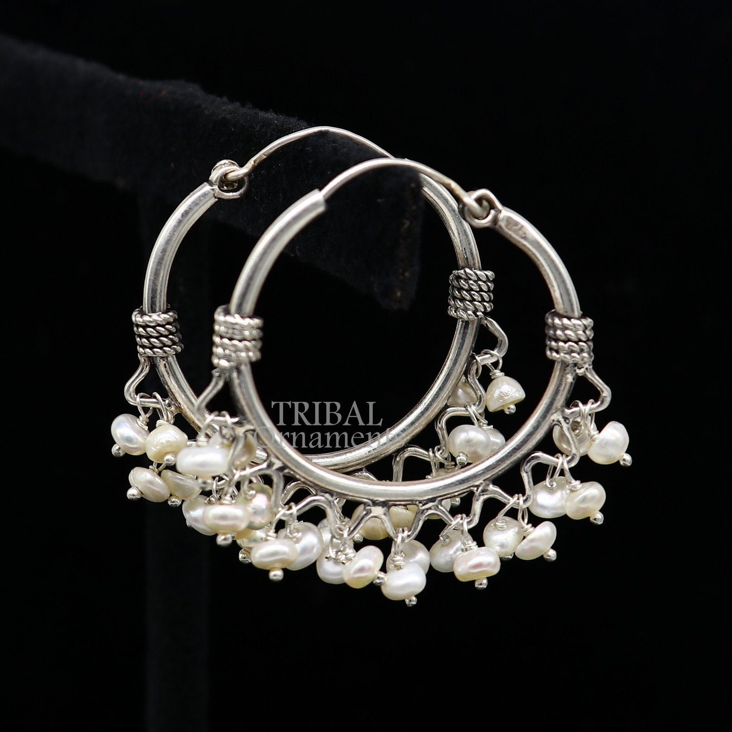 925 sterling silver handmade hoop earring with hanging pearls, tribal design, hook closure, crafted by TRIBAL ORNAMENTS.
