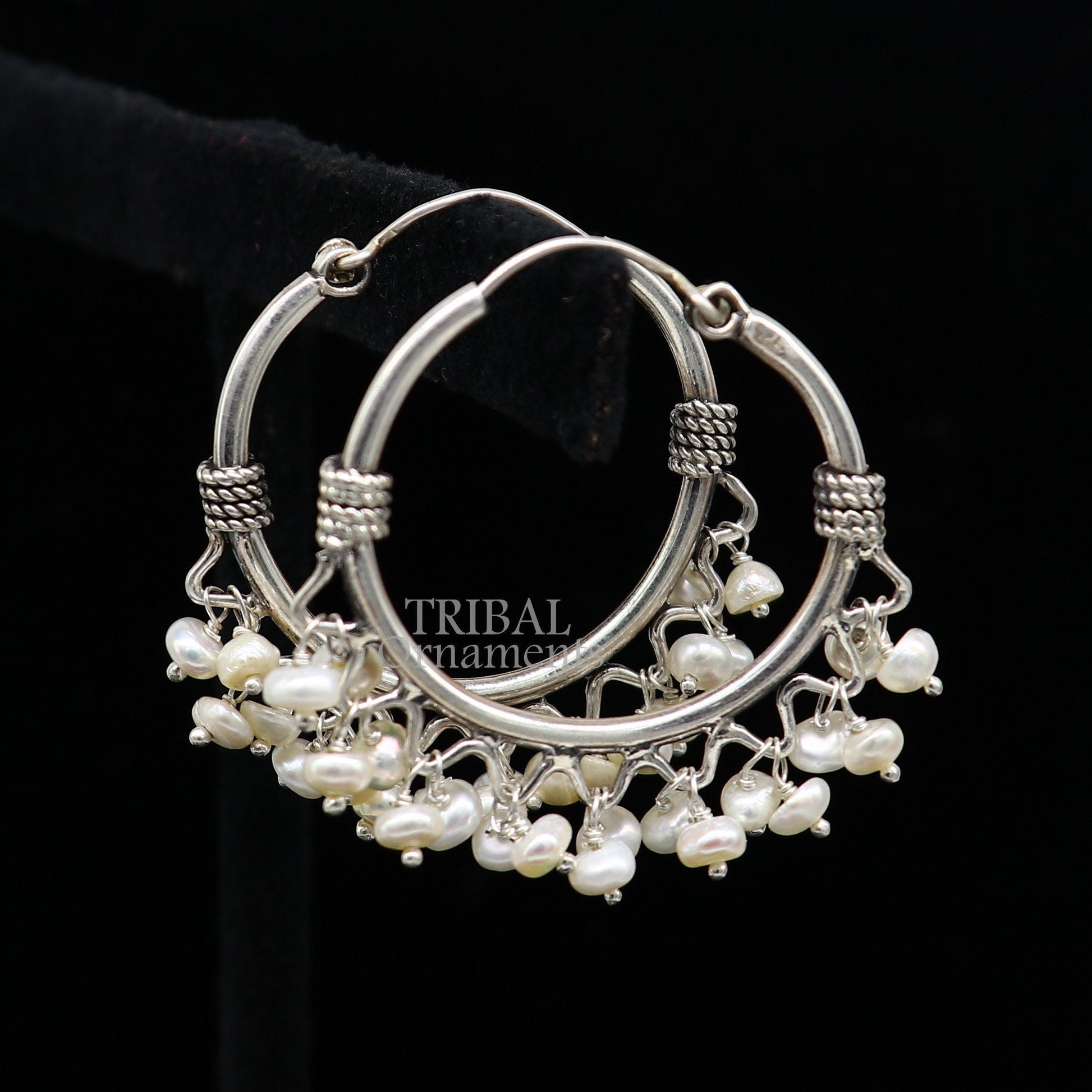 925 sterling silver handmade hoop earring with hanging pearls, tribal design, hook closure, crafted by TRIBAL ORNAMENTS.