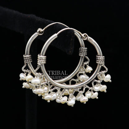 925 sterling silver handmade hoop earring with hanging pearls, tribal design, hook closure, crafted by TRIBAL ORNAMENTS.