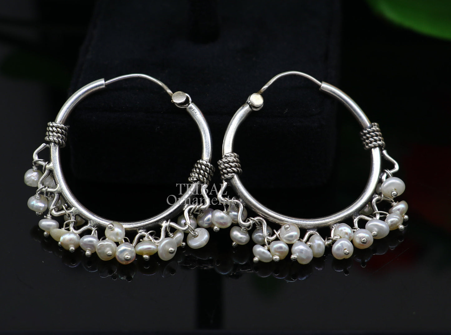 925 sterling silver handmade hoop earring with hanging pearls from Bali, tribal design, hook closure, perfect for jewelry gifting.