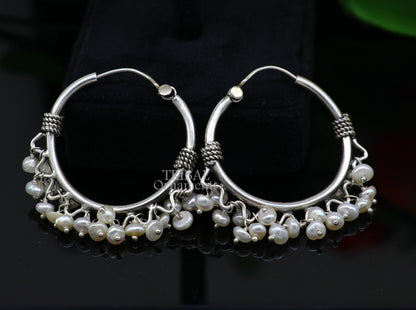 925 sterling silver handmade hoop earring with hanging pearls from Bali, tribal design, hook closure, perfect for jewelry gifting.