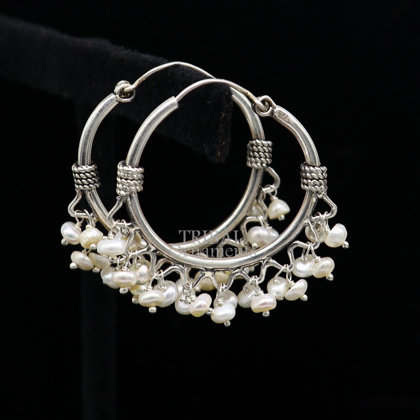 925 sterling silver handmade hoop earring with hanging pearls, tribal design, hook style, from TRIBAL ORNAMENTS.