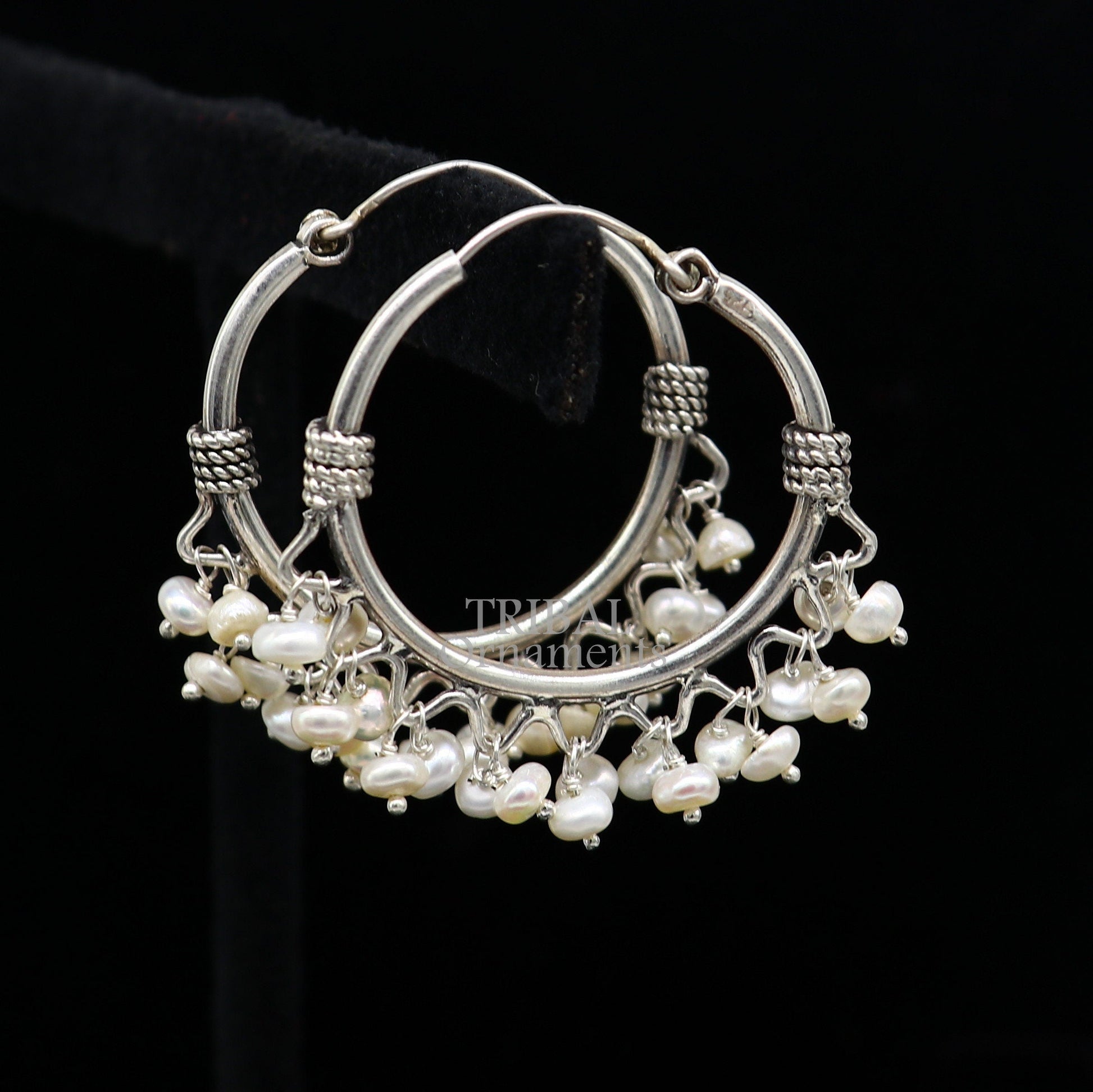 925 sterling silver handmade hoop earring with hanging pearls, tribal design, hook style, from TRIBAL ORNAMENTS.