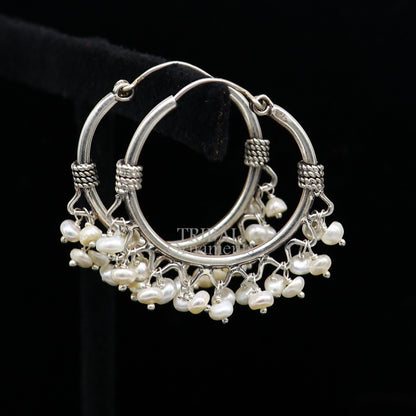 925 sterling silver handmade hoop earring with hanging pearls, tribal design, hook style, from TRIBAL ORNAMENTS.