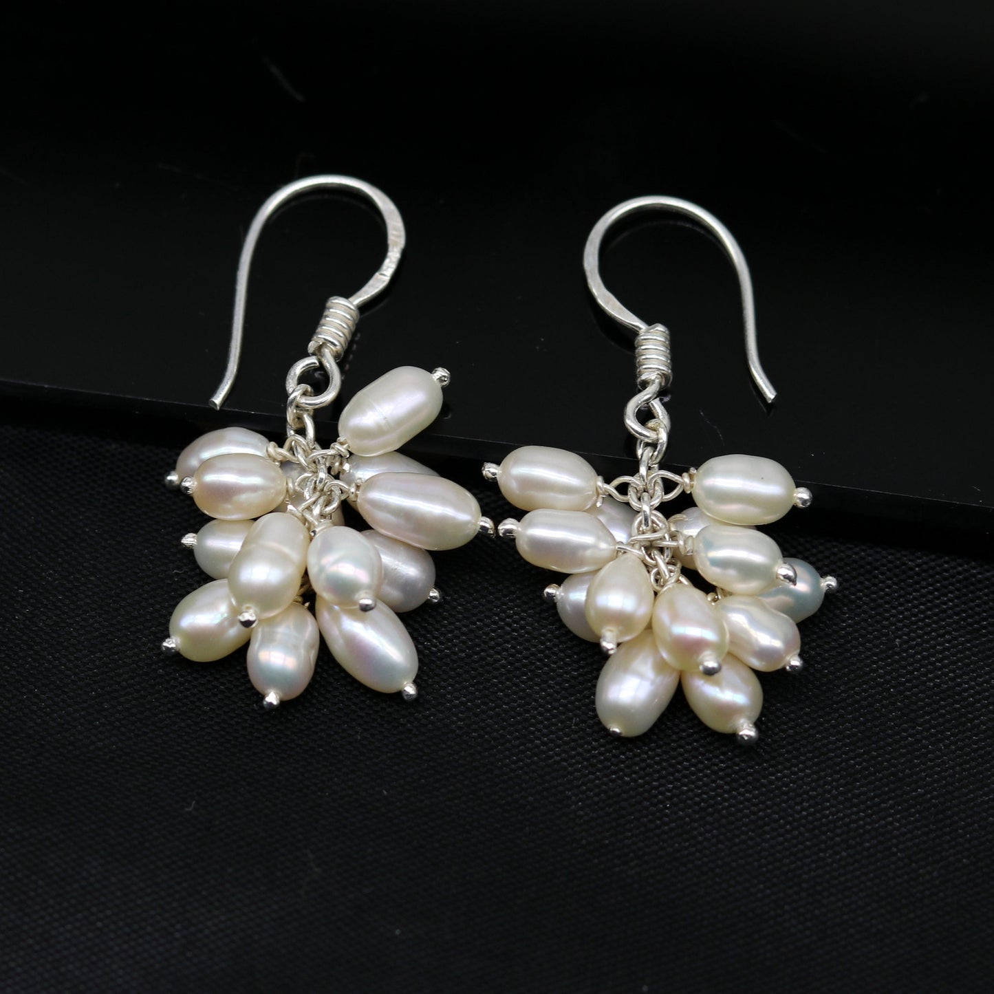 Sterling silver handmade hoops earrings with tiny freshwater pearls, perfect for bridesmaids, by TRIBAL ORNAMENTS.
