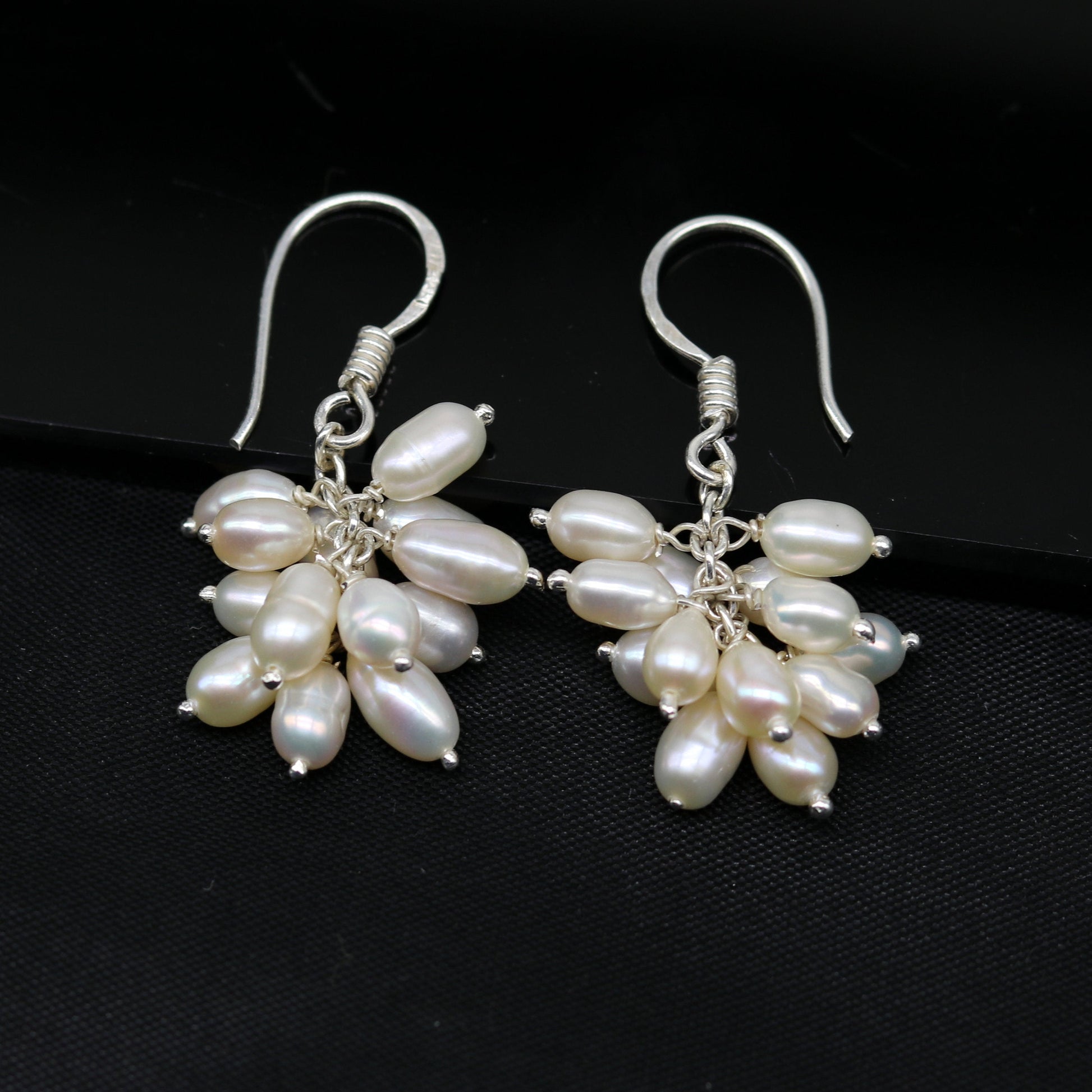 Sterling silver handmade hoops earrings with tiny freshwater pearls, perfect for bridesmaids, by TRIBAL ORNAMENTS.