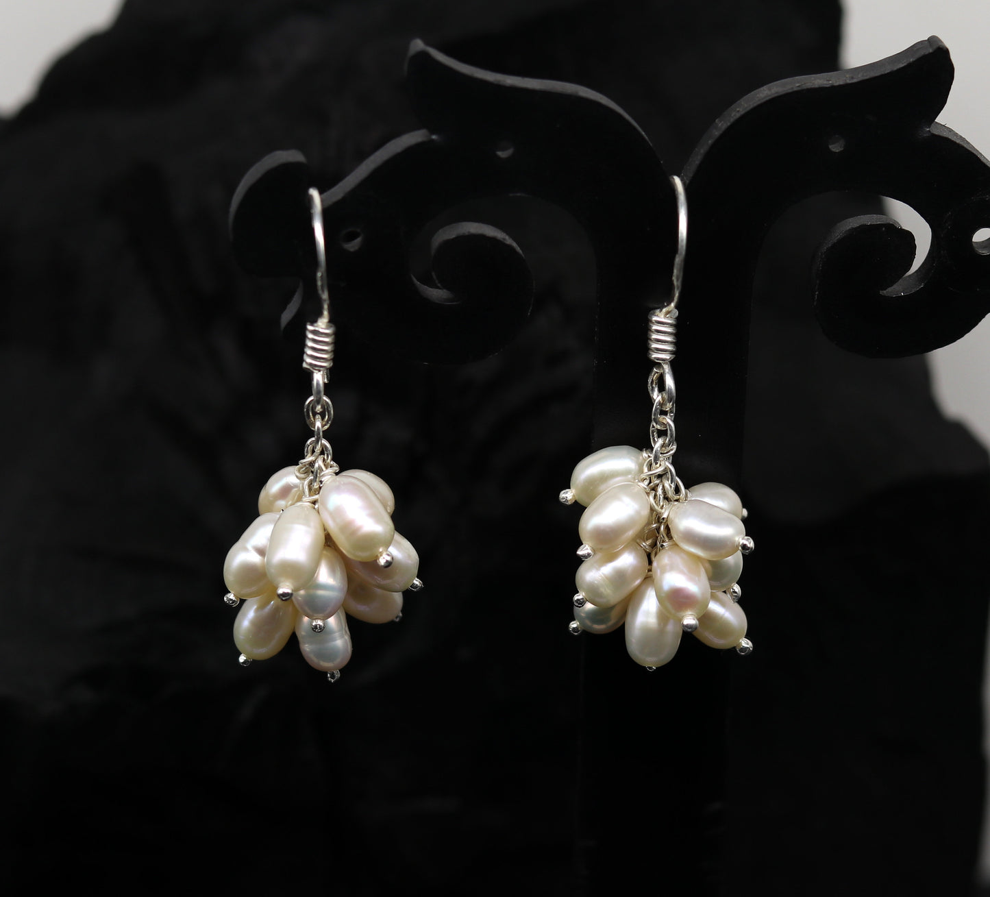 Sterling silver handmade hoop earrings with tiny freshwater pearls, perfect for bridesmaids from Tribal Ornaments.