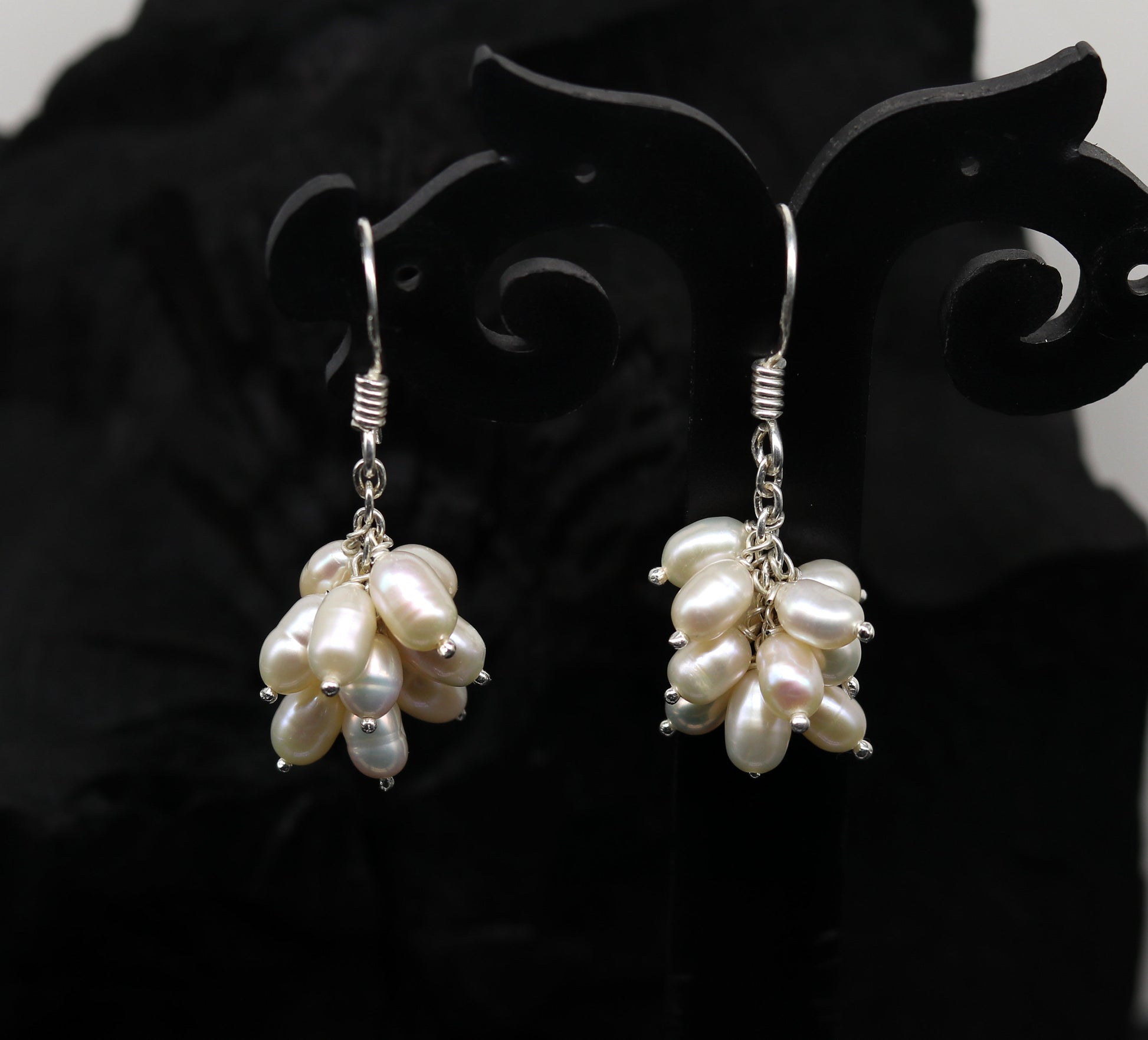 Sterling silver handmade hoop earrings with tiny freshwater pearls, perfect for bridesmaids from Tribal Ornaments.