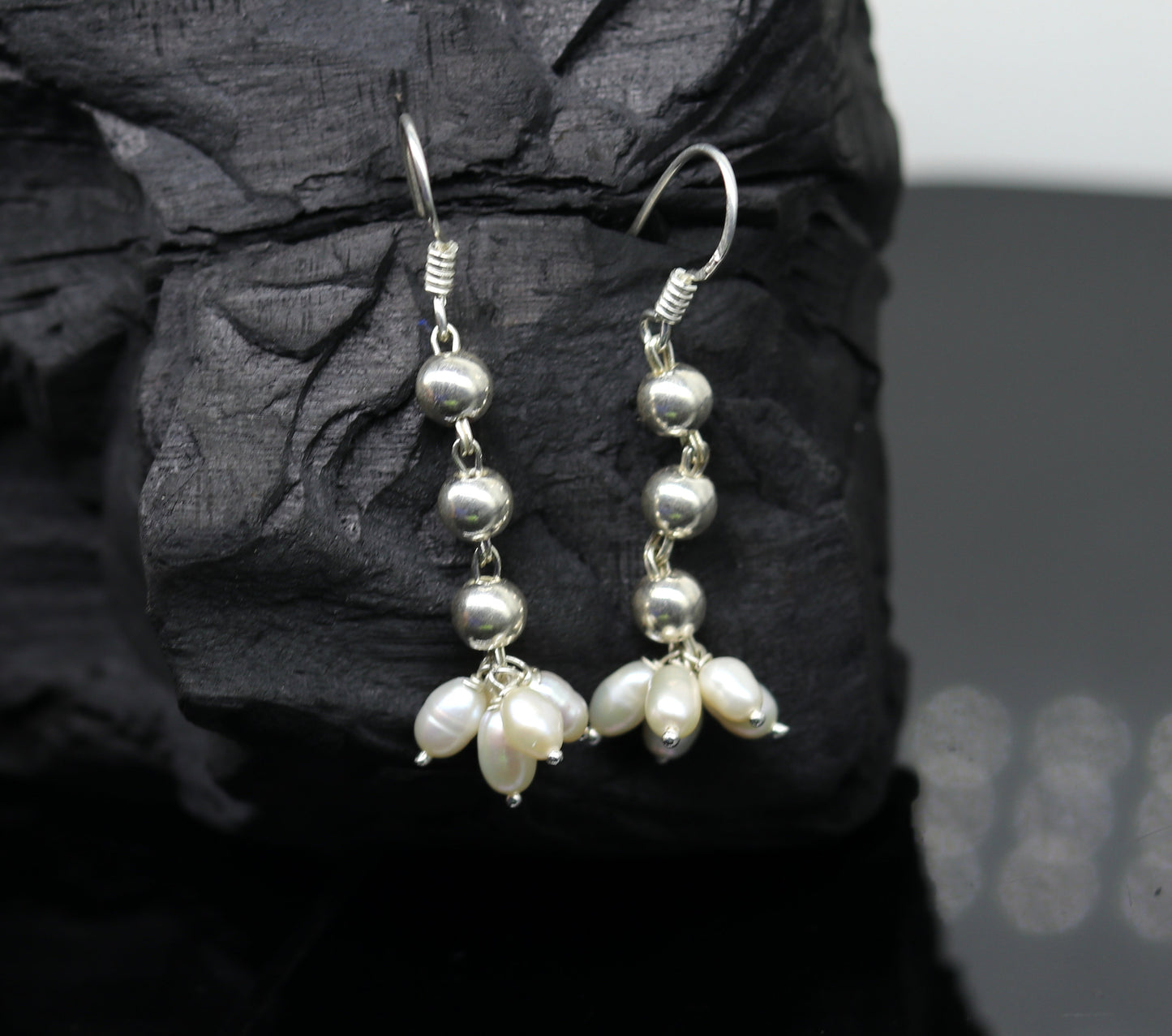 925 sterling silver handmade hoops earring with natural freshwater pearl and dangle design, perfect for bridesmaids.