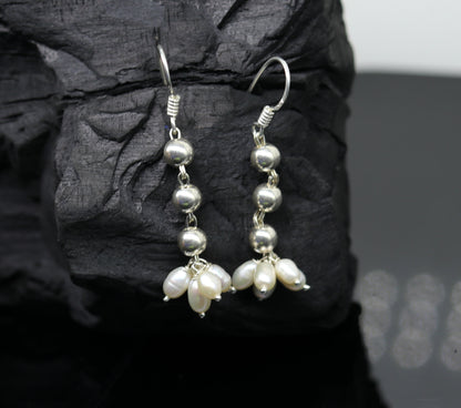 925 sterling silver handmade hoops earring with natural freshwater pearl and dangle design, perfect for bridesmaids.