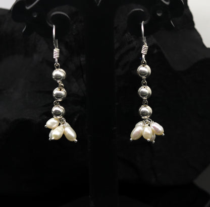 925 sterling silver handmade hoops earring with natural freshwater pearl and dangle design, ideal for bridesmaids.