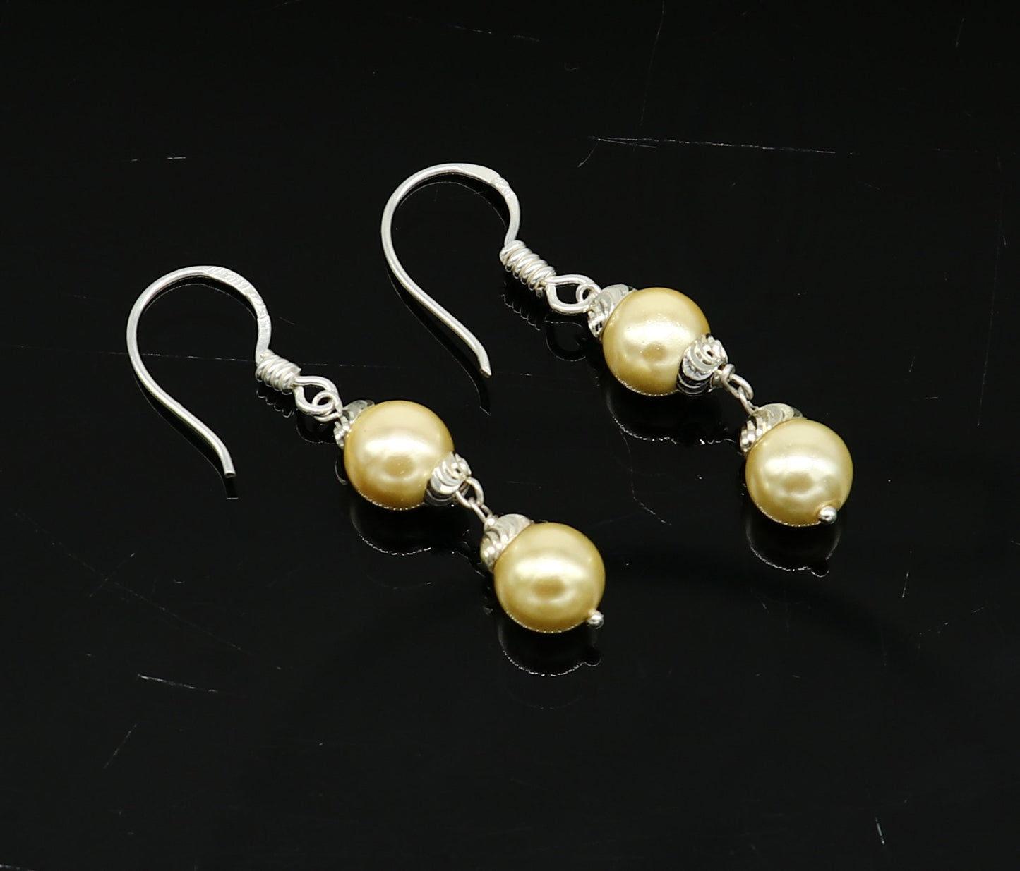 Sterling silver handmade hoops earrings with dangling pearls, bridal bridesmaid jewelry, custom hook design by TRIBAL ORNAMENTS