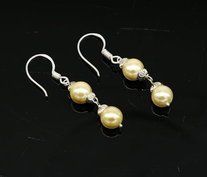 Sterling silver handmade hoops earrings with dangling pearls, bridal bridesmaid jewelry, custom hook design by TRIBAL ORNAMENTS