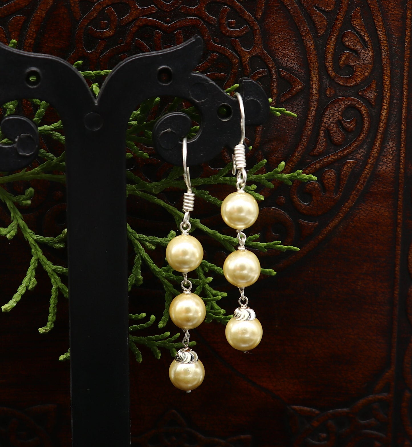 925 sterling silver handmade hoops earrings with pearls, drop dangle design, perfect for bridesmaids, by TRIBAL ORNAMENTS.