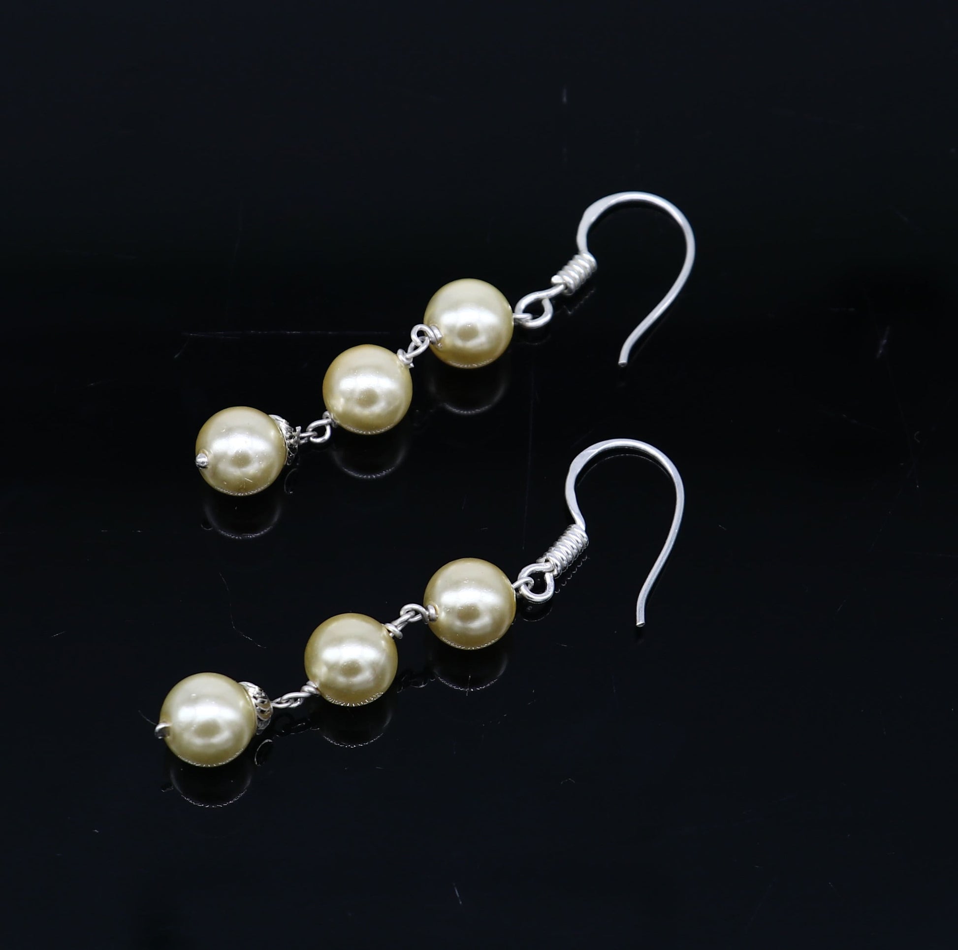 925 Sterling silver handmade hoops with dangling pearls, elegant drop earrings by TRIBAL ORNAMENTS for bridesmaids.