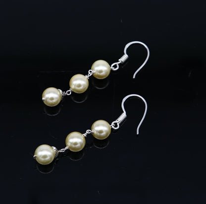 925 Sterling silver handmade hoops with dangling pearls, elegant drop earrings by TRIBAL ORNAMENTS for bridesmaids.