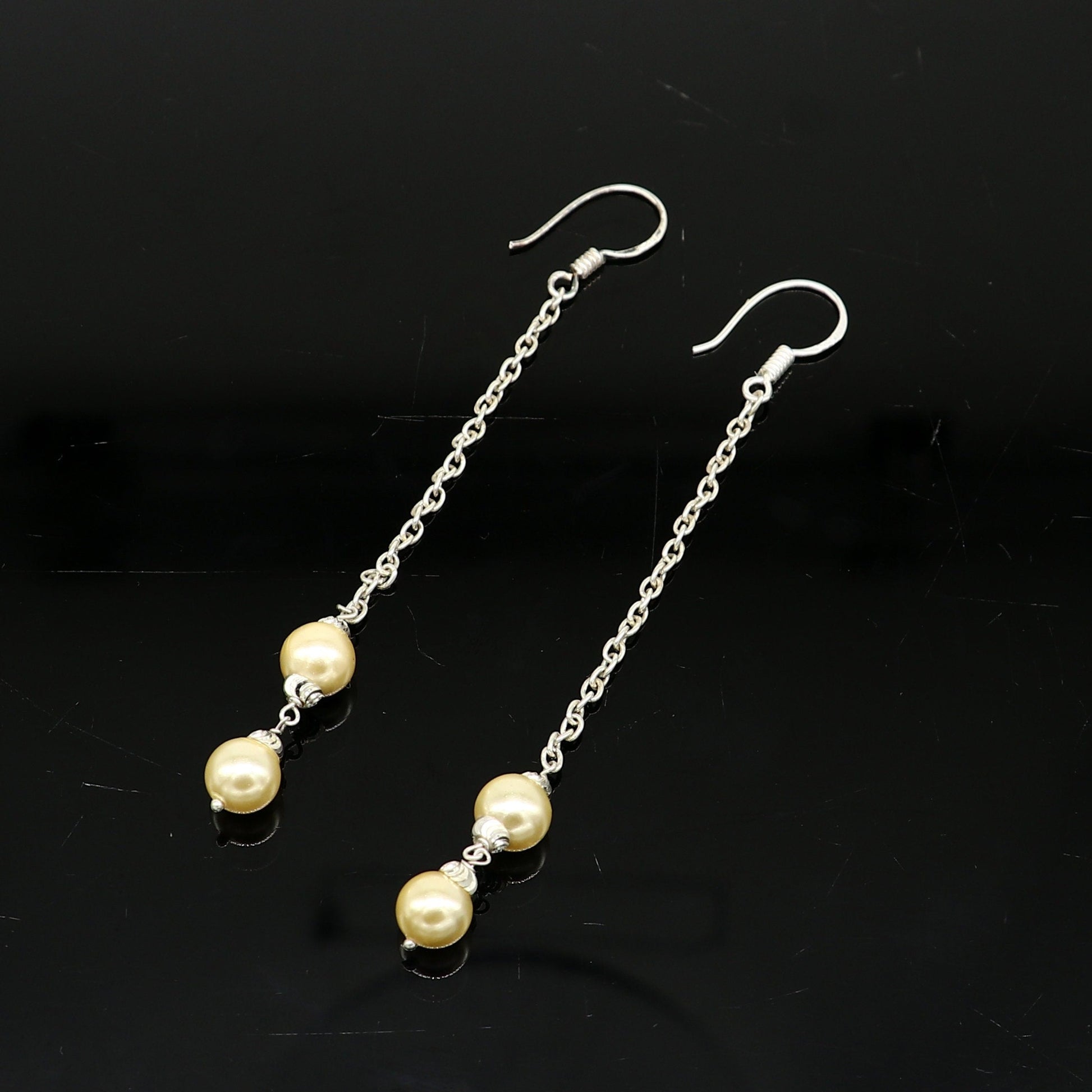 Sterling silver handmade hoops with dangling pearls, drop earrings for bridesmaids, customized hook design by TRIBAL ORNAMENTS.