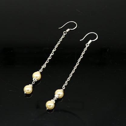 Sterling silver handmade hoops with dangling pearls, drop earrings for bridesmaids, customized hook design by TRIBAL ORNAMENTS.