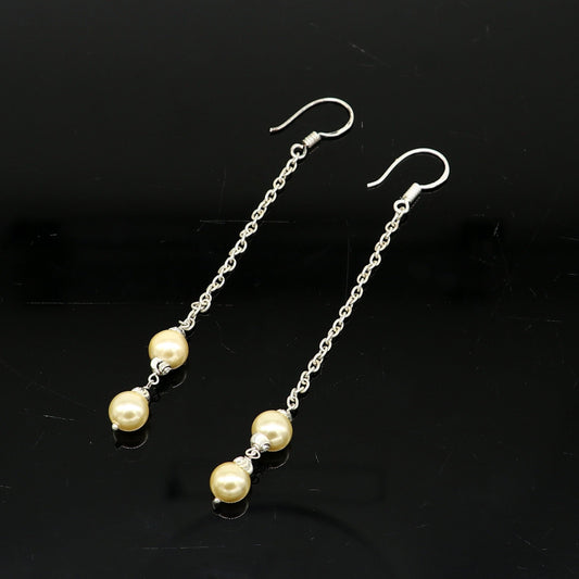 Sterling silver handmade hoops with dangling pearls, drop earrings for bridesmaids, customized hook design by TRIBAL ORNAMENTS.