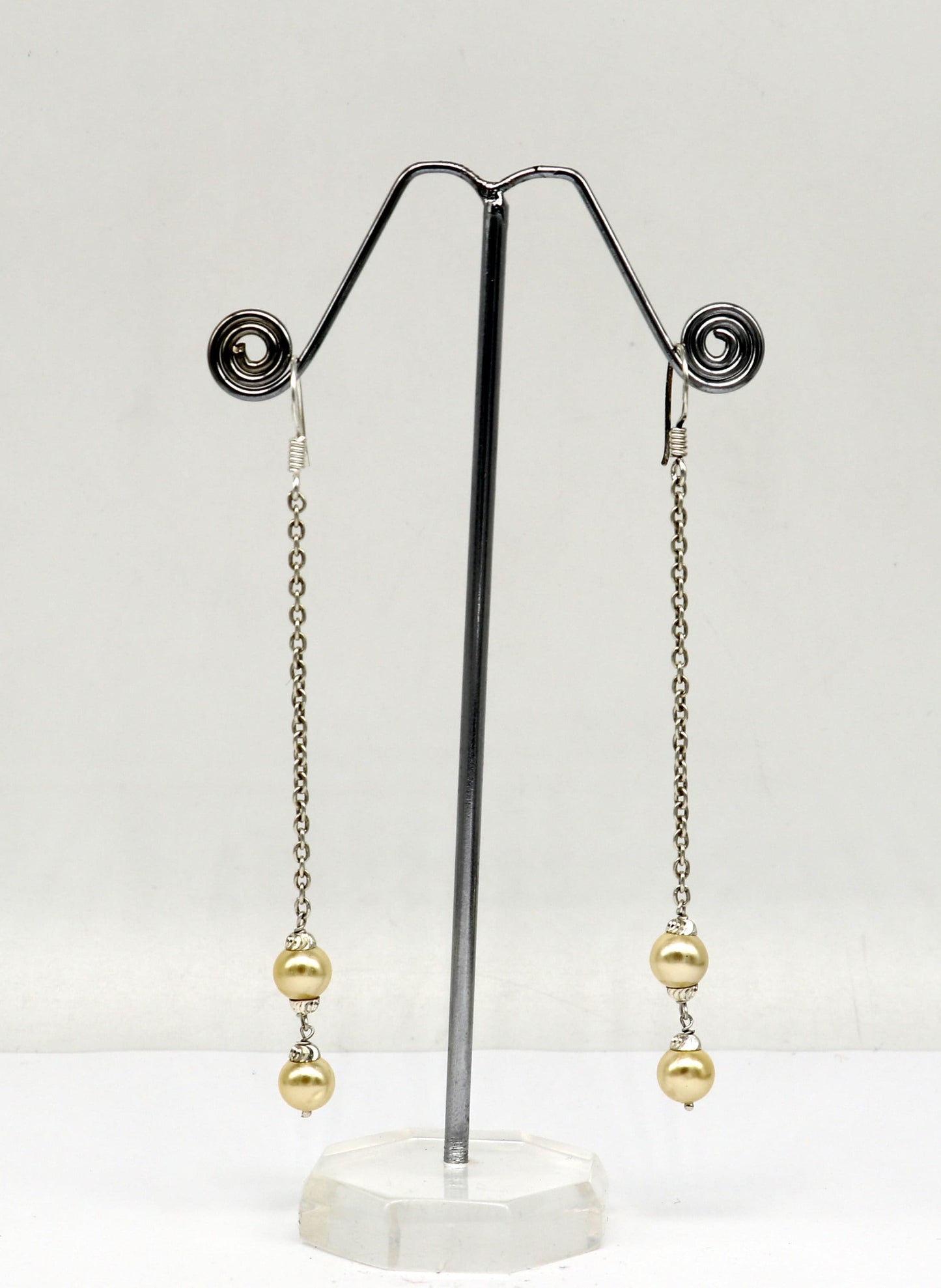 Sterling silver handmade hoop earrings with dangling pearls, stylish drop design, perfect for bridesmaids from TRIBAL ORNAMENTS.