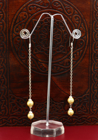 925 sterling silver handmade hoop earrings with dangling pearls, perfect for bridesmaids, featuring a custom hook design by TRIBAL ORNAMENTS.