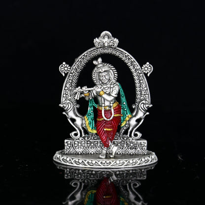 Sterling silver handmade Lord Krishna idol with flute, standing decorative figurine for puja and divine gift from Tribal Ornaments