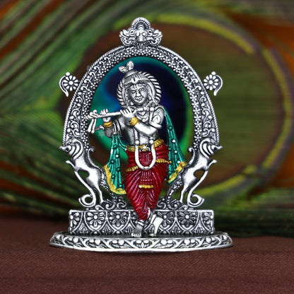 Sterling silver Lord Krishna idol with flute, handmade standing figurine for puja, divine home decor, by TRIBAL ORNAMENTS.
