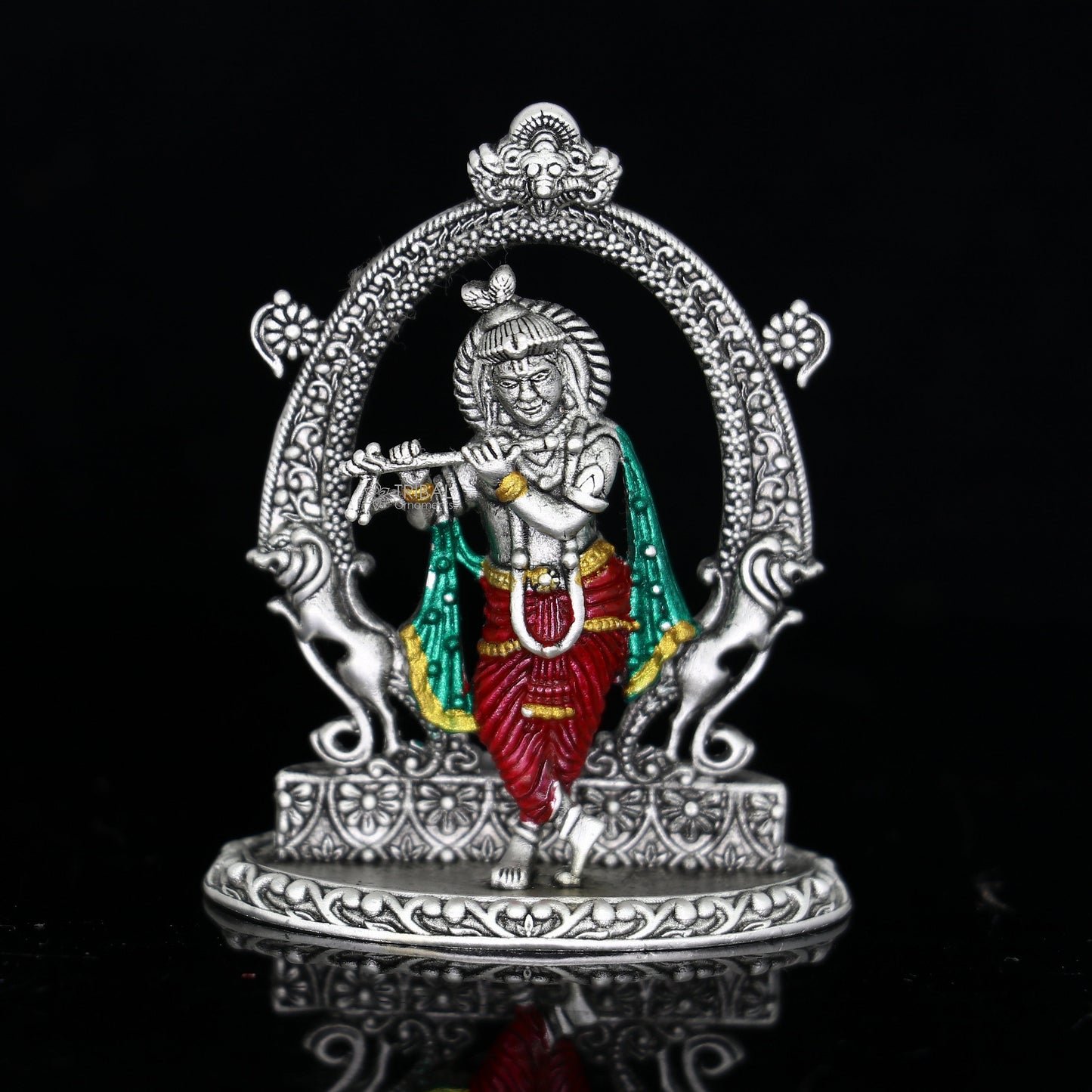 925 Sterling silver handmade Idols Lord Krishna with flute standing Statue figurine, puja articles divine decorative gift art689 - TRIBAL ORNAMENTS