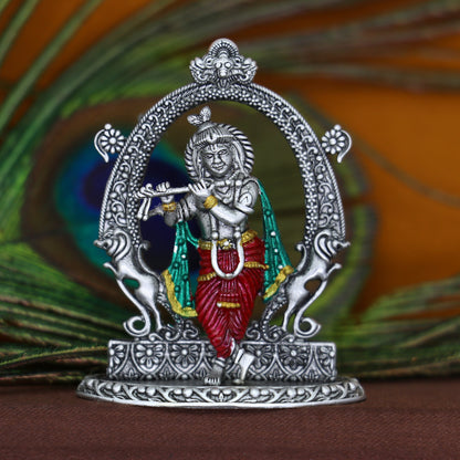 925 Sterling silver Lord Krishna idol with flute, handmade standing statue for puja, divine decorative gift from Tribal Ornaments