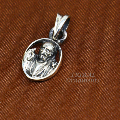 925 sterling silver Sai Baba pendant, unisex Indian idol jewelry, handmade tribal-style silver necklace accessory.