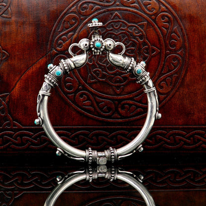 925 Sterling silver vintage peacock design bangle bracelet with intricate tribal patterns, handcrafted ethnic jewelry for belly dance.