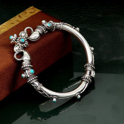 Sterling silver vintage peacock bangle bracelet with traditional Indian tribal design, handcrafted tribal ornaments jewelry.