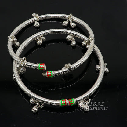 Handmade Indian tribal ankle bracelet with sterling silver jingling bells and foot kada design for women.