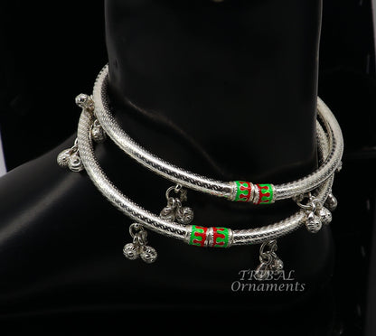 Sterling silver Indian traditional ankle bracelet with jingling bells, handcrafted tribal foot kada for women, charming tribal jewelry