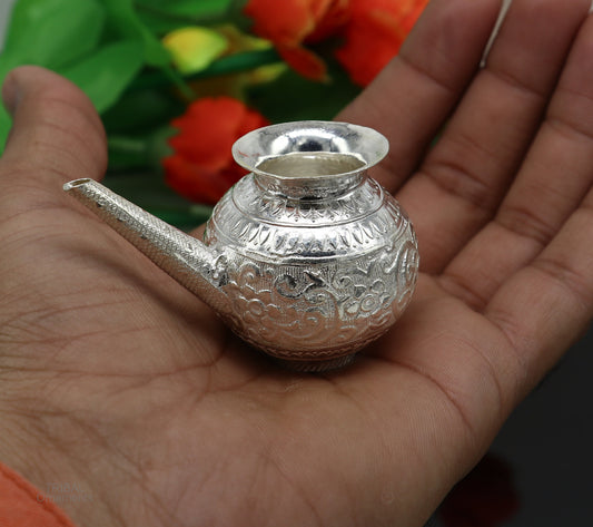 Solid sterling silver handmade GangaJal Kalash or pot, unique silver puja article, water or milk shiva Abhishek kalash pot india su592 - TRIBAL ORNAMENTS