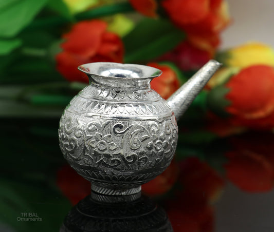 Solid sterling silver handmade GangaJal Kalash or pot, unique silver puja article, water or milk shiva Abhishek kalash pot india su592 - TRIBAL ORNAMENTS