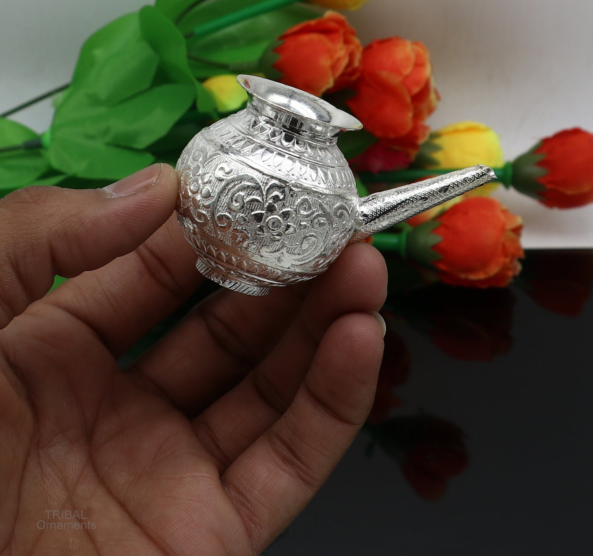 Solid sterling silver handmade GangaJal Kalash or pot, unique silver puja article, water or milk shiva Abhishek kalash pot india su592 - TRIBAL ORNAMENTS