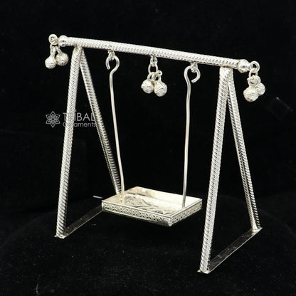 925 Sterling silver handmade Laddu Gopala child Krishna swing, detailed silver jhula with intricate craftsmanship.